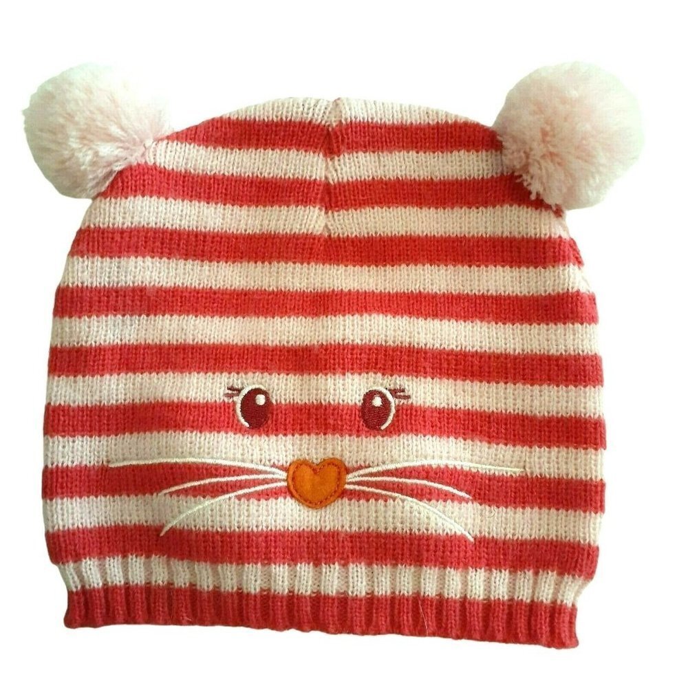 Toddler Girl Kitty Beanie Cat Hat Pink Striped Embroidered Face Pompom Ears